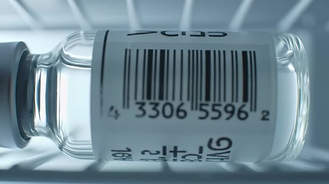 Clear glass vial with a gray stopper and white label containing a barcode and numbers