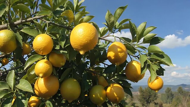 natural 4k video of ripe golden lemons hanging from lush green branches swaying gently under bright summer sunlight set against blue skies providing fresh vibrant imagery perfect for food health and