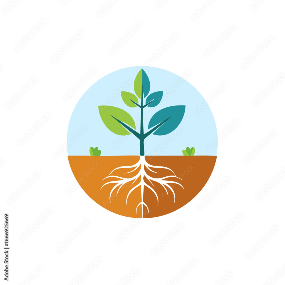 Poster circular icon of a young plant with a visible root system in a soil cross section representing growt