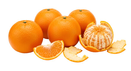 A group of five bright oranges with one peeled and a slice on a black background in a studio shot isolated on transparent white background]
