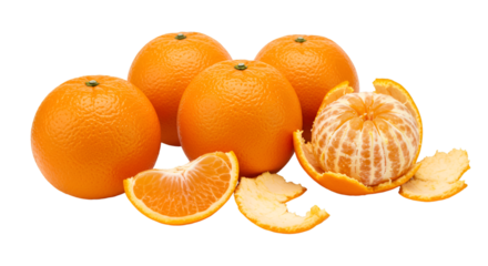 A group of five bright oranges with one peeled and a slice on a black background in a studio shot isolated on transparent white background]