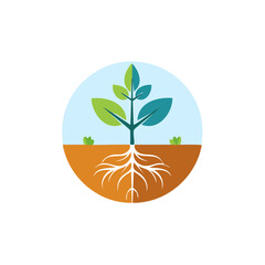 Circular icon of a young plant with a visible root system in a soil cross section representing growth and ecology