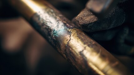 Detailed view of a recycled metal frame undergoing polishing with focus on the ecofriendly metal surface and an outoffocus craftsman shaping it.