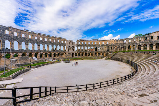 Pula, Croatia, 18 April 2025 - Inside of the Pula Arena, the old roman theater in the old town of Pula