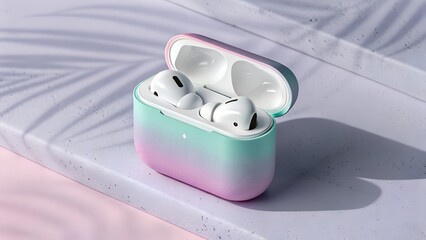Wireless earbuds in a colorful case on a textured surface with shadows