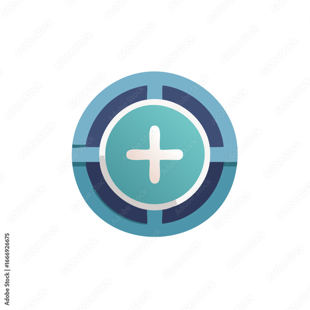 Poster modern graphic icon featuring a white plus symbol inside a gradient teal circle with a segmented blu