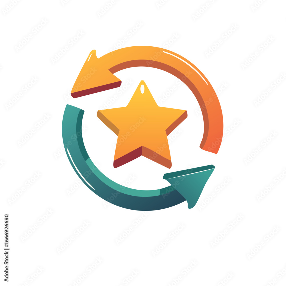 Poster 3D golden star with gradient rotating arrows quality update refresh symbol icon