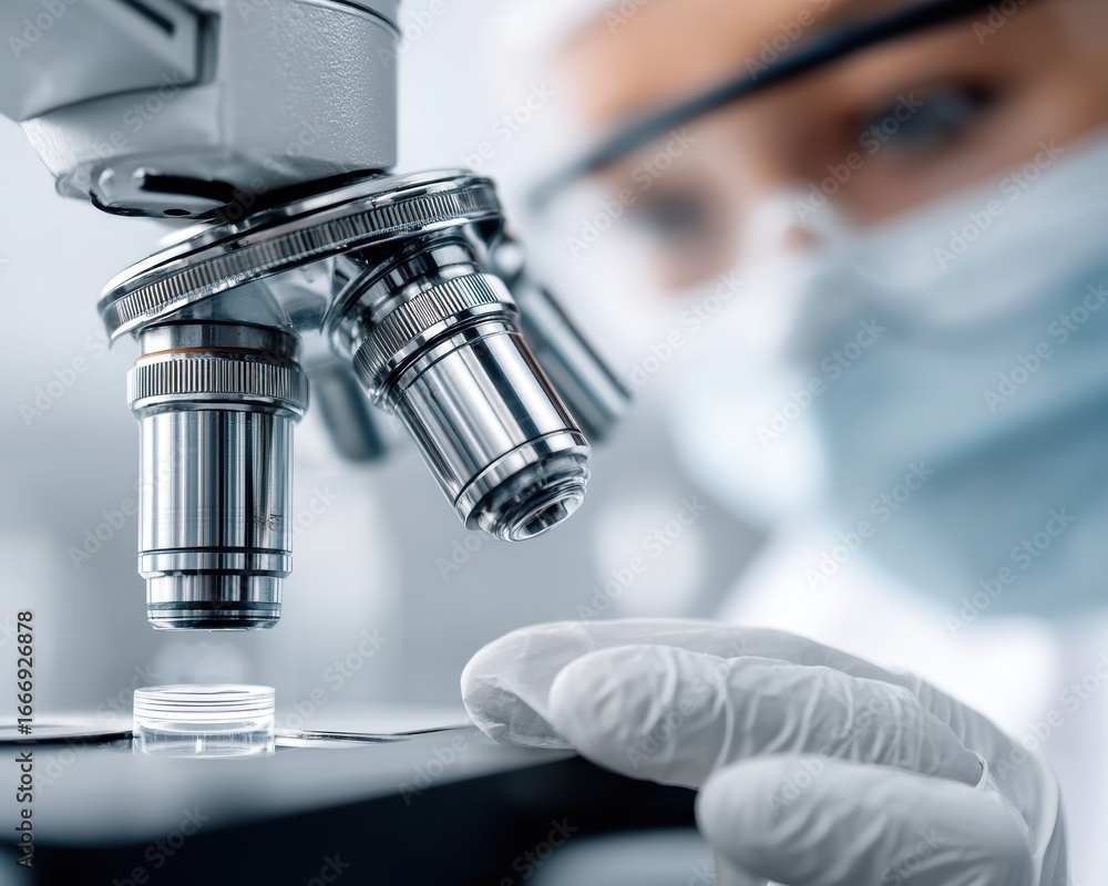 Poster close-up of a microscope with a gloved hand, illustrating laboratory research and analysis.