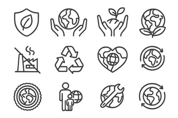 Earth Protection Icons. Line style icons of earth protection symbols: shield with leaf, global care icon, eco hands, world with