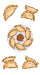 Delicious golden fried pastries filled with savory meats and vegetables served on a plate with dipping sauce