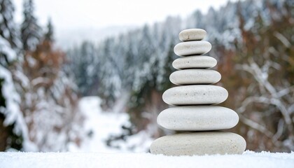 Obraz premium Balanced stones in winter landscape evoke tranquility and mindfulness meditation practice
