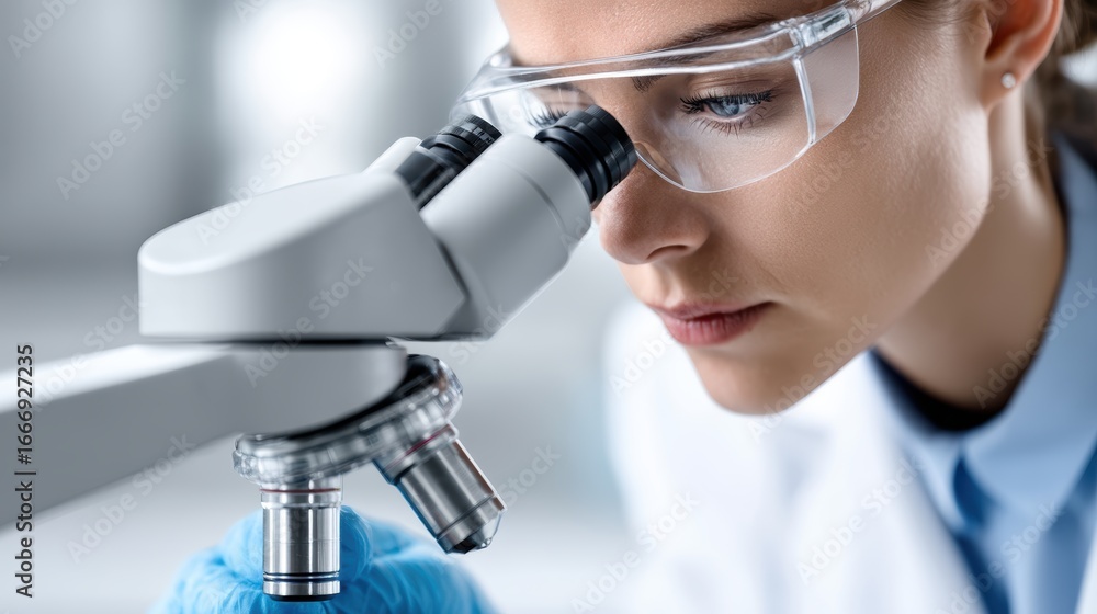 Poster scientist examining a sample through a microscope in a laboratory setting.