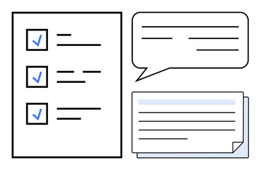 Checklist with checked items, speech bubble, and note cards emphasizing organization, task prioritization, team discussion, workflow planning, goal setting, communication, and productivity in