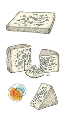 An artistic sketch of delicious blue cheese varieties displayed in various shapes and forms on a white background