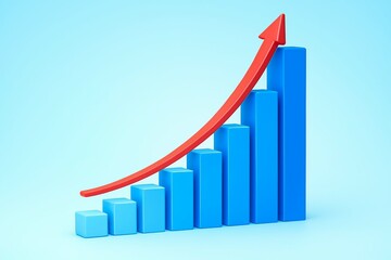 Red arrow curving upwards over blue bar graph showing financial growth and positive trend