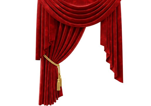 Rich red velvet stage curtains with golden tassels and cords against a dark background. - Powered by Adobe