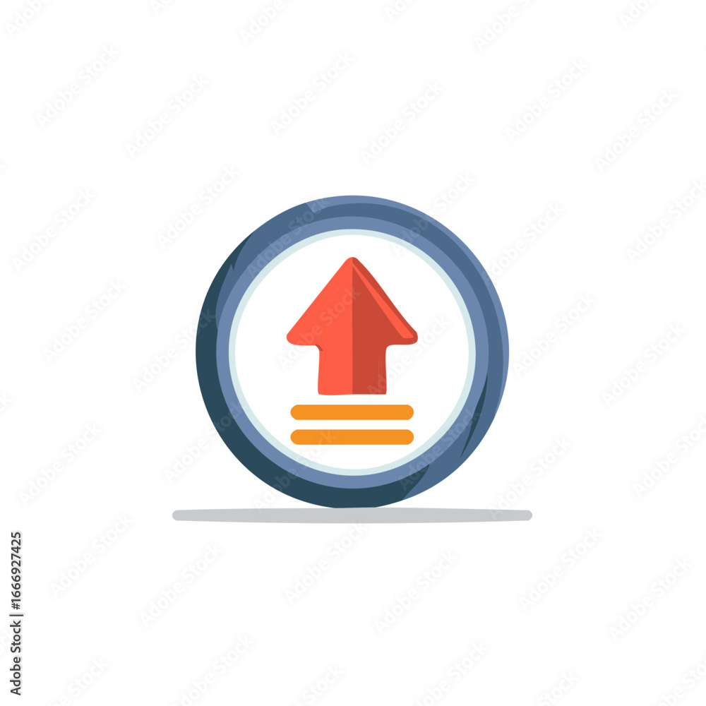 Poster digital upload button icon with red arrow and orange lines in a blue circle for data transfer