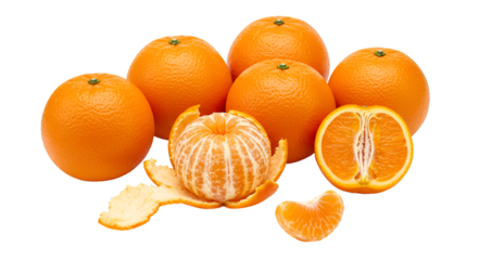 A display of several whole tangerines with one peeled and another cut in half on a black background isolated on transparent white background]