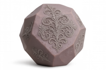 Purple geometric sphere gleaming with silver floral embossing, rendered digitally on transparent backdrop, highlighting intricate decorative details