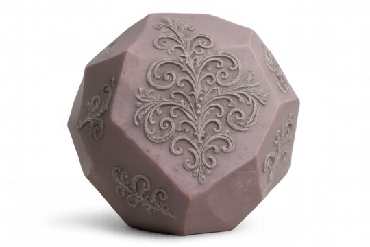 Purple geometric sphere gleaming with silver floral embossing, rendered digitally on transparent backdrop, highlighting intricate decorative details