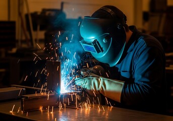 Welder in action with sparks flying