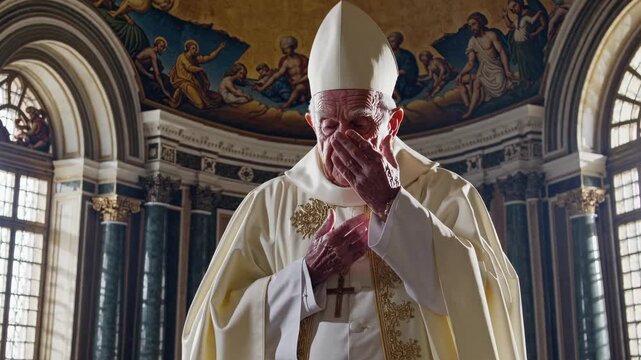 Dramatic low-angle shot of a solemn religious figure in ornate attire, set in a grand cathedral. Ideal for a historical or documentary video.