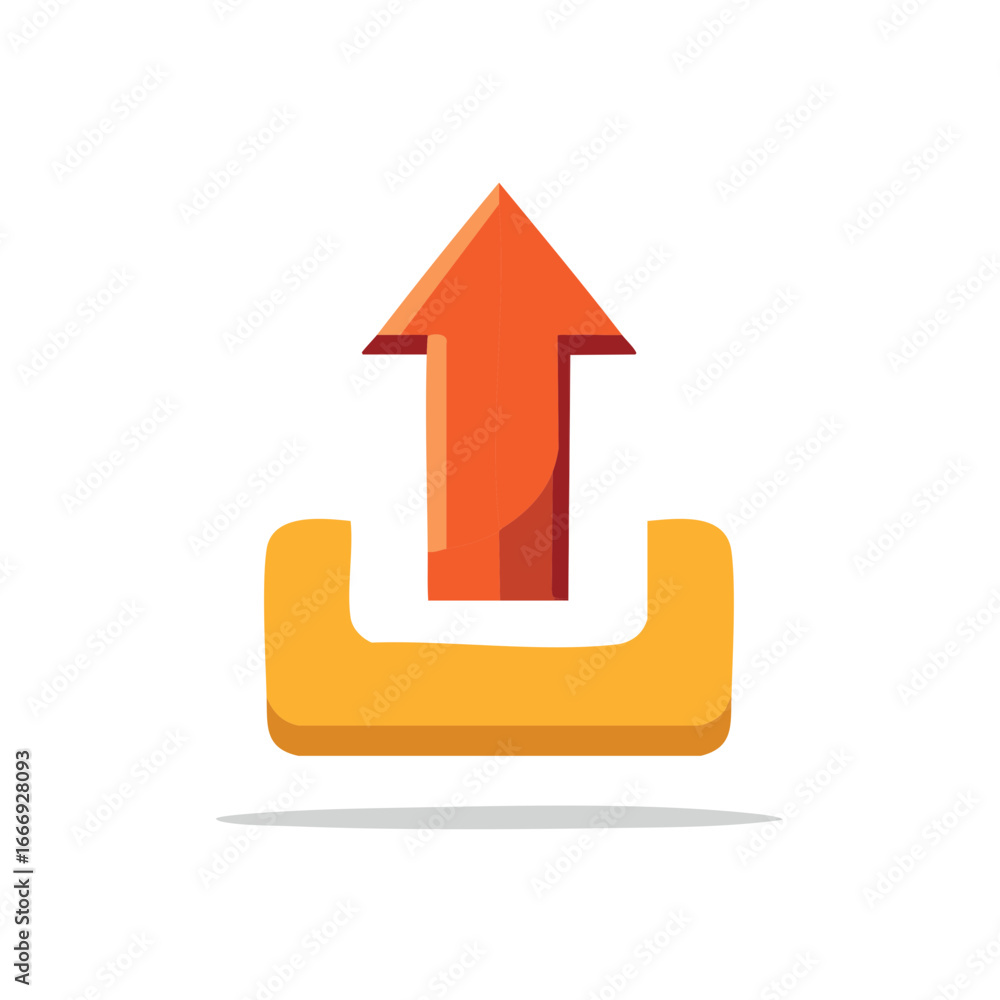 Poster orange arrow pointing upwards emerging from a yellow square shape upload icon