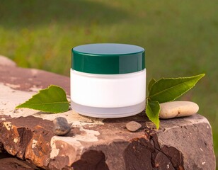 Generated image Sustainable Cosmetic Cream Jar with Green Accents and Stones 