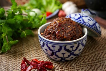 Thai chili paste on thai style kitchen background