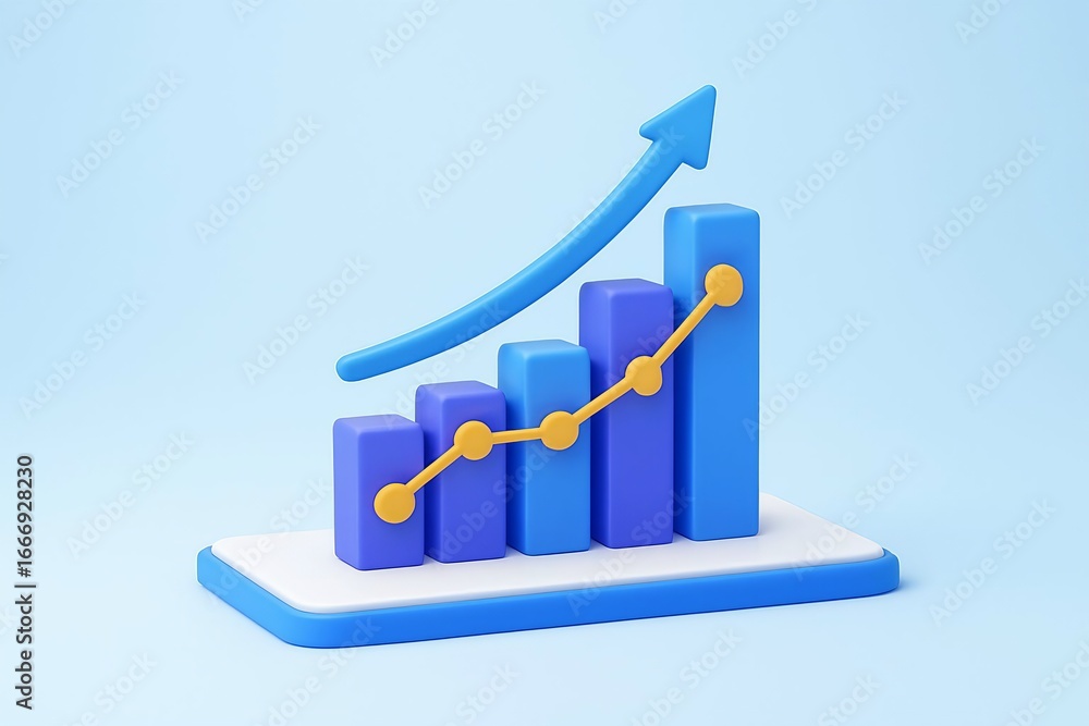 Poster 3d rendering of a blue bar chart with an upward trending arrow and line graph indicating business gr