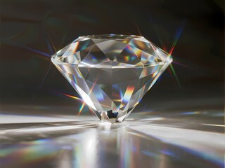 Stunning clear diamond with vibrant rainbow light reflections shining brightly, symbolizing luxury, brilliance, and timeless elegance for jewelry ads or investment visuals