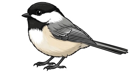 Fototapeta premium A detailed illustration of a blackcapped chickadee, a small songbird known for its distinctive black cap and white cheeks, perched on a branch, isolated on white background