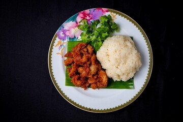 Sticky rice with fried pork thai food, Moo tod, moo ping