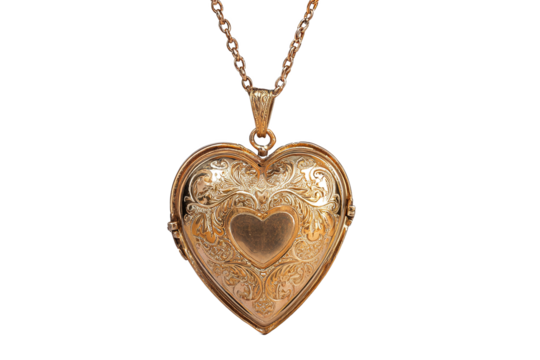 Ornate gold heart locket with chain, isolated on white transparent background