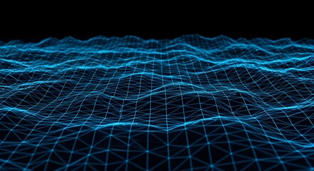 Blue wireframe grid waves against black, creating futuristic, digital backdrop. Ideal for technology, science, or modern presentation templates.