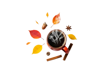A rich, steaming cup of coffee, surrounded by vibrant autumn leaves, acorns, and cinnamon sticks, creates a warm and inviting autumnal scene.