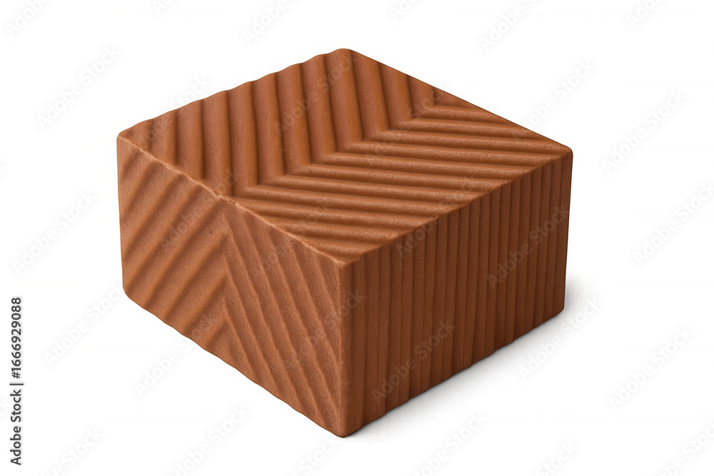 Poster wooden cube displaying carved wavy texture, floating against transparent backdrop