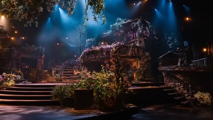 Enchanted forest stage design with blooming florals and charming rustic architecture