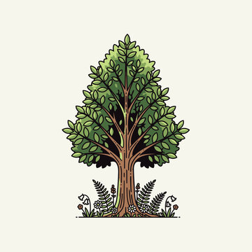 A vibrant illustration of a majestic tree surrounded by blooming flowers and ferns.