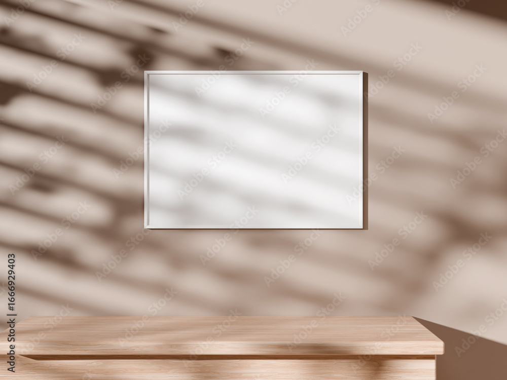 Poster simple frame mockup with soft lighting and shadow on wall.