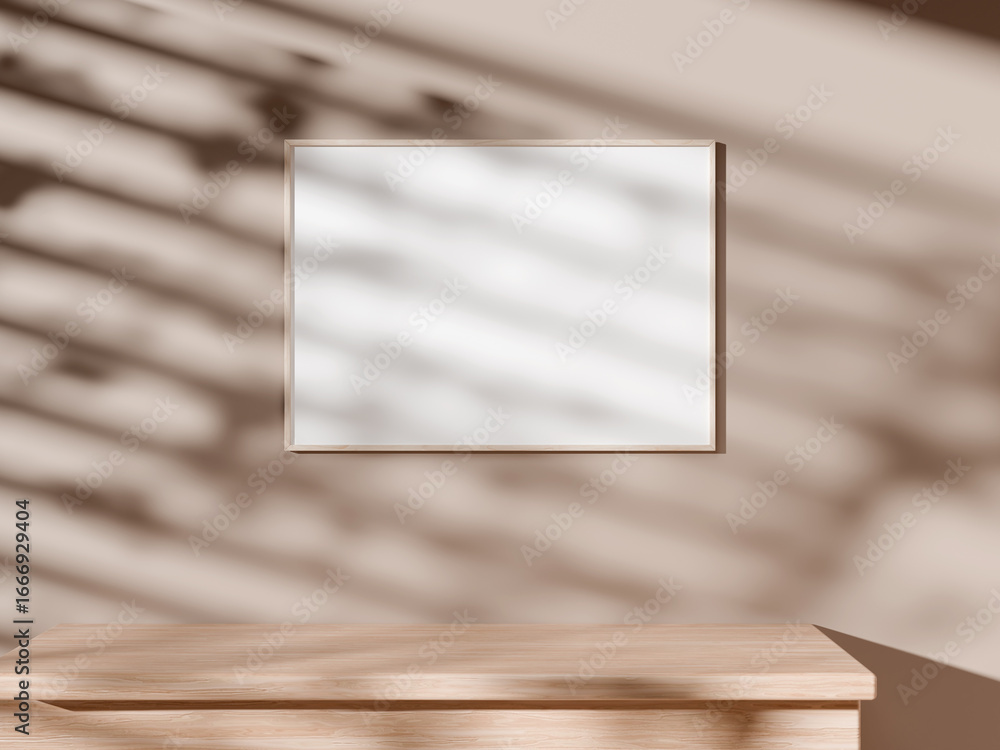 Poster clean frame mockup on beige wall with diagonal shadow.