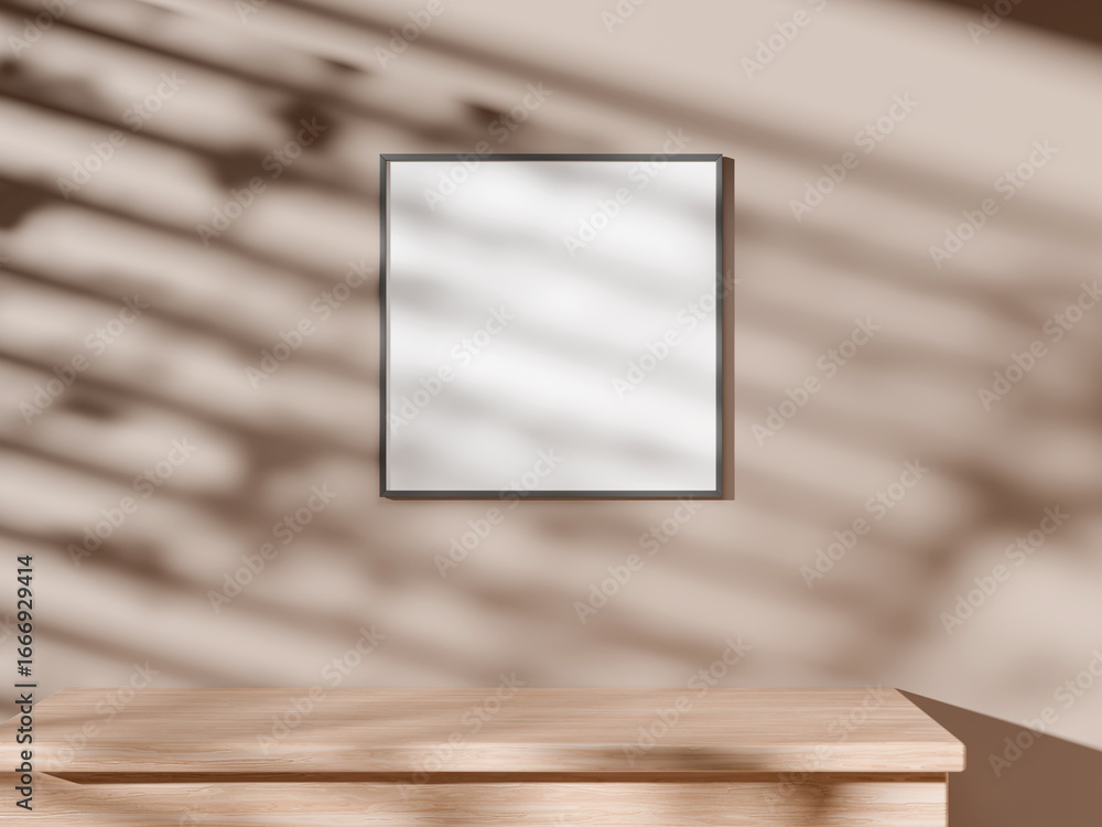 Poster neutral frame mockup on wall casting light and shadow patterns.
