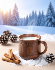Generated image Warm Milk in Wooden Mug with Snowy Pine Cones and Cinnamon Sticks on Beige Surface