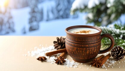 Generated image Warm Milk in Wooden Mug with Snowy Pine Cones and Cinnamon Sticks on Beige Surface