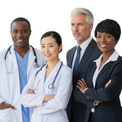 Fototapeta premium Diverse medical professionals and business leader posing together in professional attire transparent background