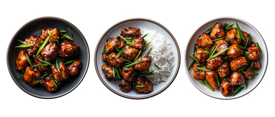 set of Top view of a plate with chicken pieces drizzled in tangy sauce, sprinkled with sesame seeds and fresh herbs and rise isolated on transparent background	