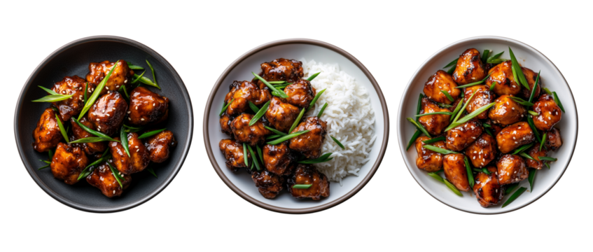 set of Top view of a plate with chicken pieces drizzled in tangy sauce, sprinkled with sesame seeds and fresh herbs and rise isolated on transparent background	