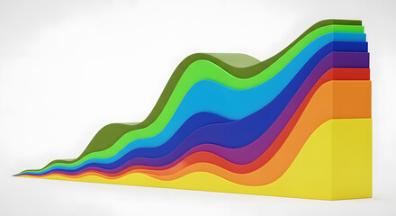 Stacked area chart showing the growth of different technology sectors over time, without names or other words or years. Photorealistic, HD.