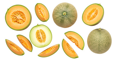 Arrangement of cantaloupe melons whole halves and slices on a black background isolated close up view isolated on transparent white background]