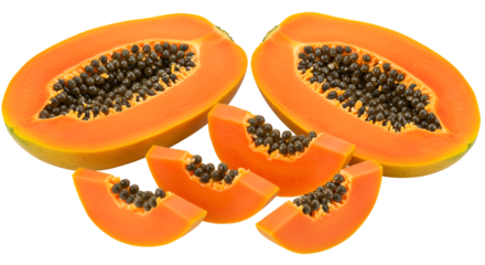 Close up of sliced papaya fruit with black seeds on a transparent background for healthy eating concept isolated on transparent white background]
